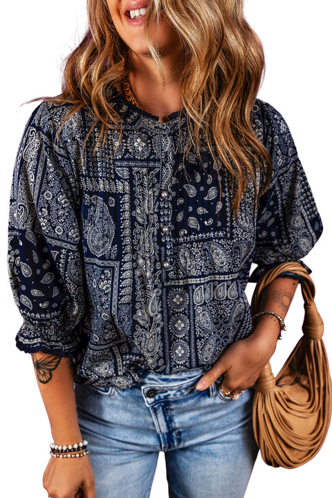 Navy Blue Vintage Boho Paisley Print 3/4 Sleeve Blouse