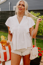 White V Neck Pleated Front Ruffled Sleeve Shirt