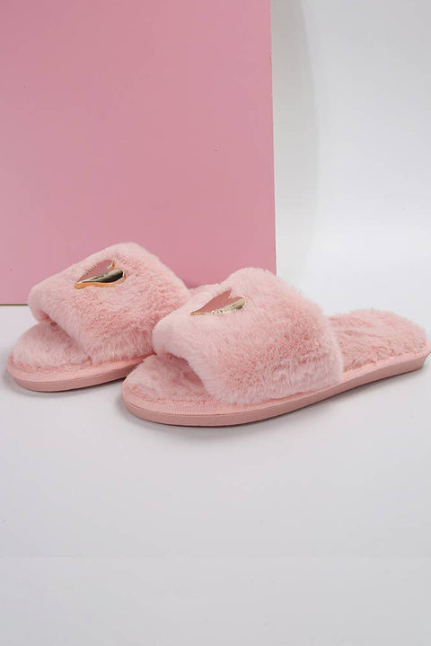 Pink Heart Shape Buckle Decor Open Toe Plush Slippers