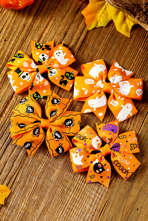 Citrus Ghost Spider Skull Printed Bow Halloween 4 Pcs Hair Clip Set