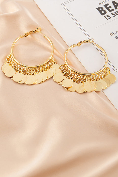 Gold Disc Tasseled Hoop Earrings