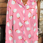 Pink Christmas Santa Claus Print Satin Shirt and Shorts Set