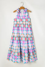 Sky Blue Floral Print Frilly Neck Sleeveless Tiered Maxi Dress