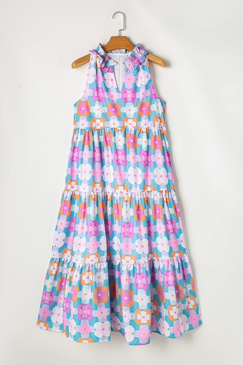 Sky Blue Floral Print Frilly Neck Sleeveless Tiered Maxi Dress