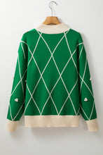 Dark Green Diamond Pattern Pom Accents Contrast Trim High Neck Sweater