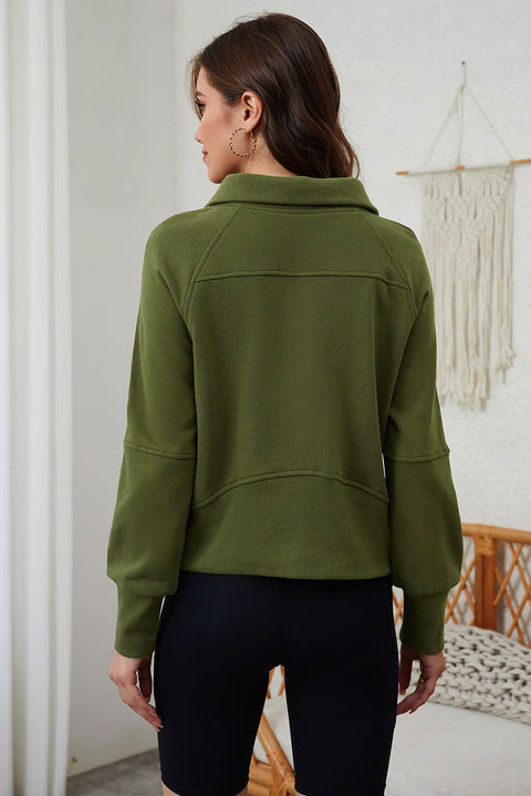 Moss Green Quarter Zip Stand Neck Kangaroo Pocket Sweatshirt