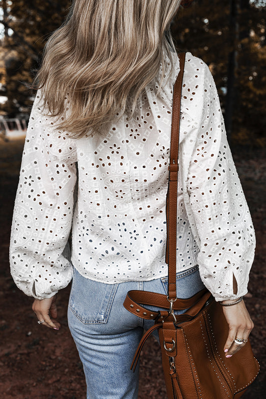 White Eyelet Embroidered Puff Sleeve V Neck Blouse