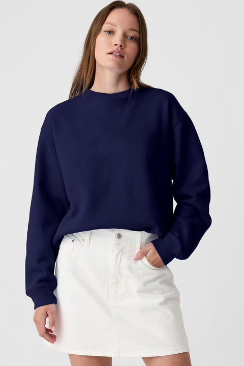 Navy Blue Solid Fleece Lined Drop Shoulder Terry Sweatshirt