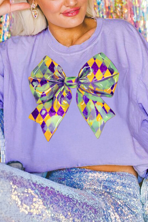 Wisteria Mardi Gras Bowknot Pattern Crew Neck T Shirt