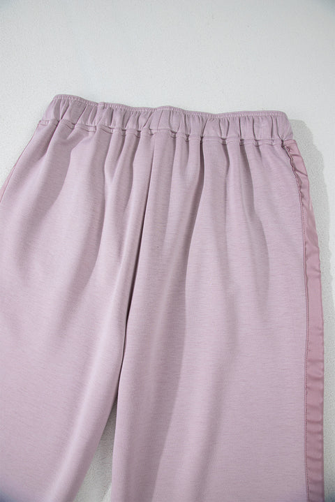 Orchid Petal Drawstring Waist Satin Stripe Patch Straight Leg High Waist Pants