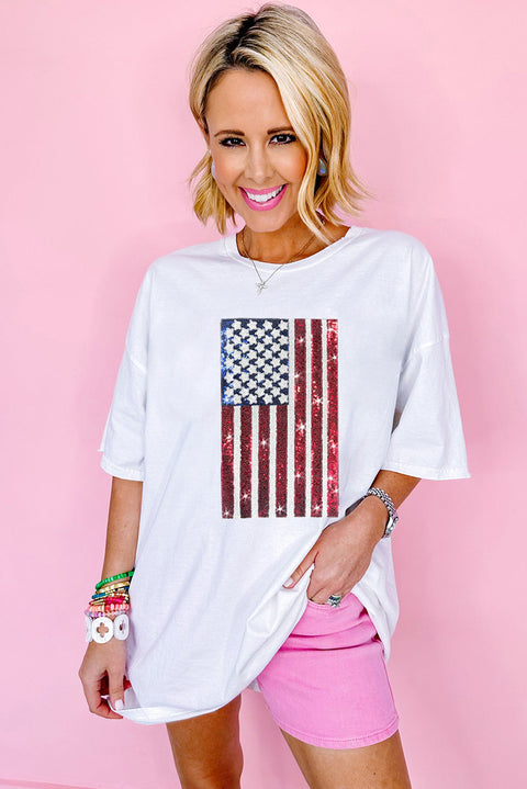 White Sequined American Flag Crewneck Oversized Tee