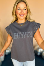 Dark Grey Rhinestone HOWDY Graphic Studded Sleeve T Shirt