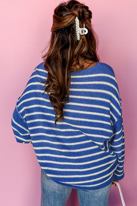 Sky Blue Stripe Drop Shoulder Casual Sweater