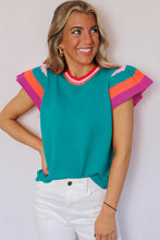 Turquoise Contrast Flutter Sleeves Knitted Sweater T Shirt