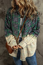 Blackish Green Contrast Plaid Patchwork Chest Pocket Button up Shacket