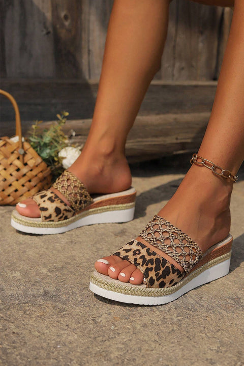 Chestnut Leopard Print Braided Details Wedge Slippers