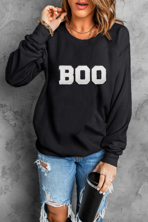 Black Chenille BOO Patched Pattern Crewneck Halloween Sweatshirt