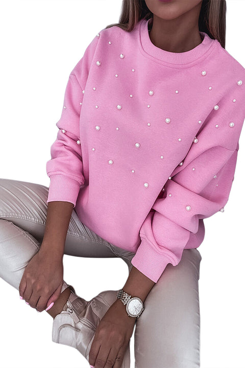 Bonbon Pearl Detail Ribbed Crew Neck Sweatshirt