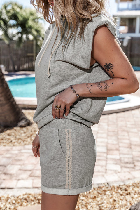 Gray Drawstring Sleeveless Hoodie and Shorts Set