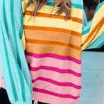 Yellow Stripe Gradient Striped Ribbed Edge Loose Sweater