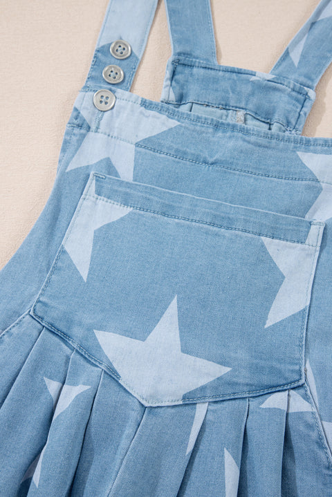 Light Blue Star Printed Buttoned Straps Pocketed Denim Romper