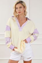 Yellow Colorblock Striped Split Neck Collared Sweatshirt