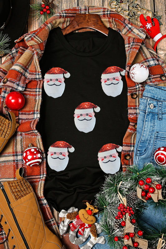 Black Sequin Christmas Claus Pattern Crewneck T Shirt