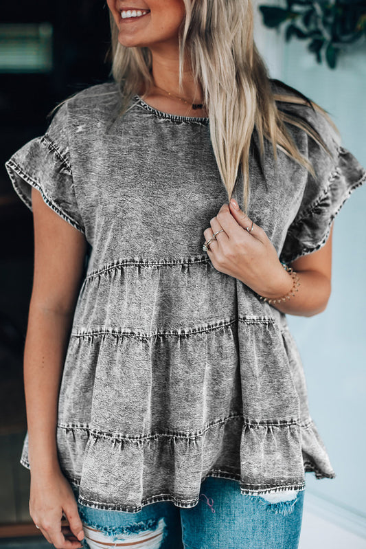 Flutter Sleeves Tiered Denim Top