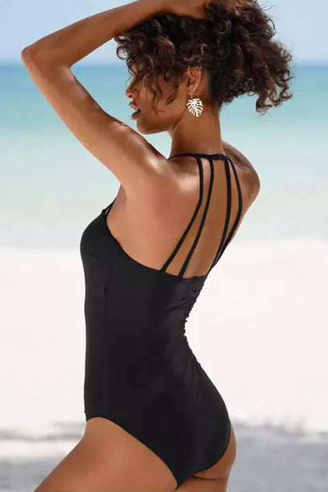 Black Sleeveless Strappy Halter Neck Sexy One Piece Swimsuit