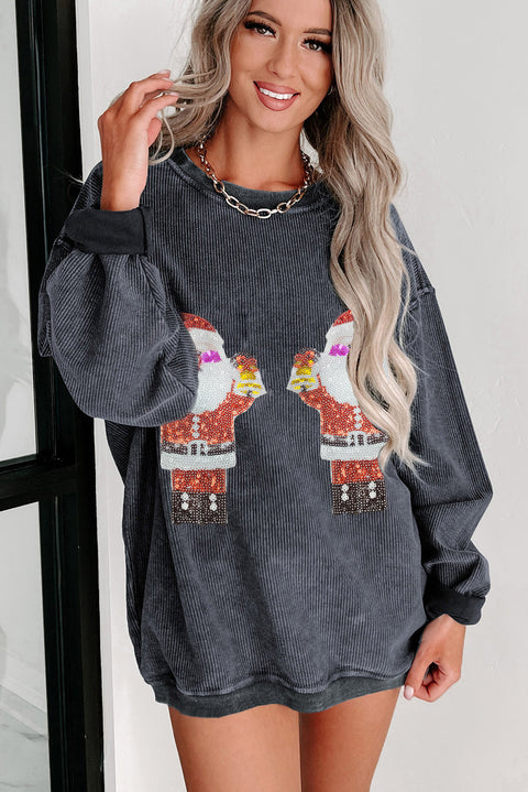 Gray Father Christmas Graphic Corded Crewneck Sweatshirt