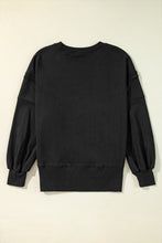 Black Exposed Seam Drop Shoulder Round Neck Sweatshirt with Slits