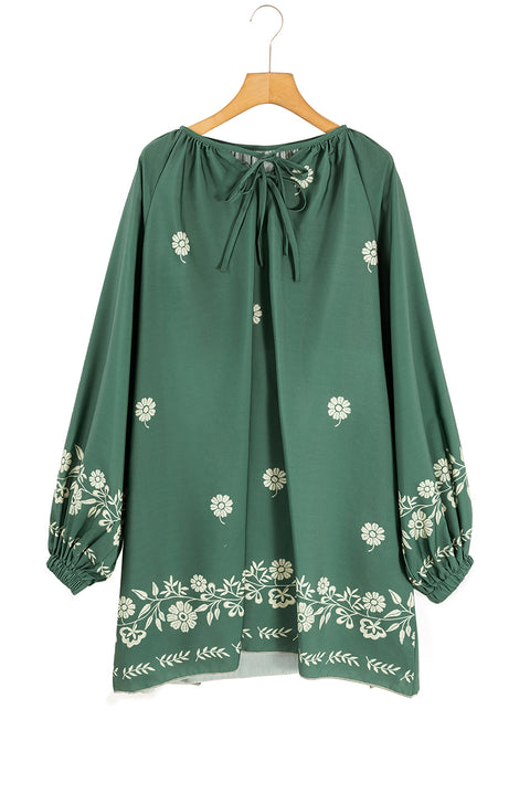 Mist Green Tie Neck Boho Floral Pattern Puff Sleeve Shift Dress