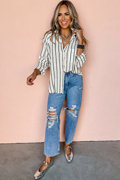 Black Stripe Chest Pocket Buttoned Oversized Shirt