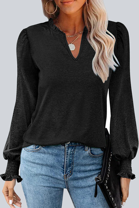 Frill V Neck Puff Long Sleeve Top