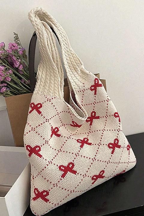 Fiery Red Bow Argyle Pattern Cable Knit Handle Tote Bag