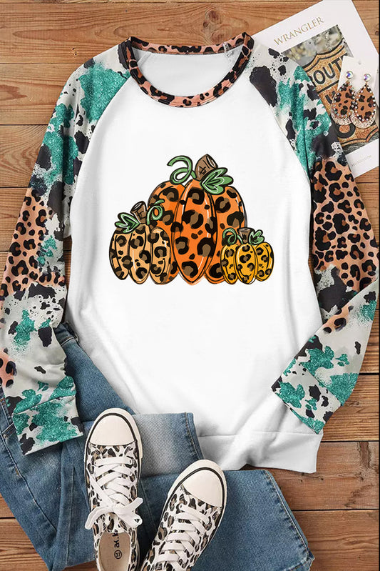 Multicolor Leopard Pumpkin Graphic Raglan Long Sleeve Halloween Top