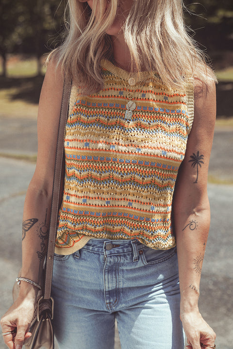 Brown Stripe Eyelet Crochet Round Neck Sweater Vest