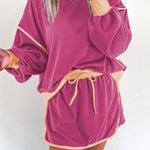 Rose Red Color Contrast Loose Pullover and Lace-up Waist Skort Set