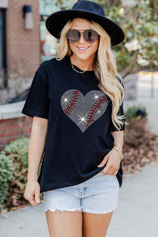 Black Rhinestone Baseball Heart Shape Graphic Casual T Shirt