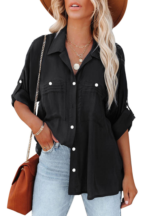 Solid Pocket Long Sleeve Button-up Shirt