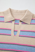 Apricot Stripe Collared V Neck Drop Shoulder Loose Sweater