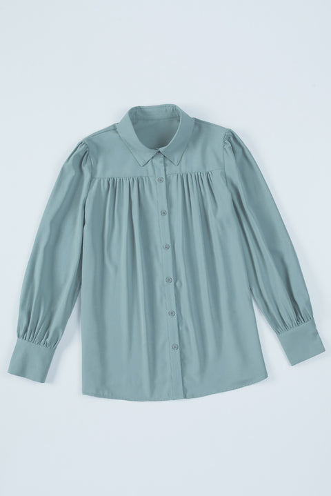 Solid Color Button Up Puff Sleeve Blouse