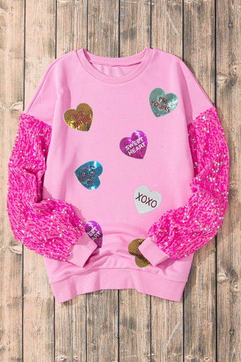 Pink Valentine Shiny Slogan Heart Sequin Sleeve Patchwork Pullover Top