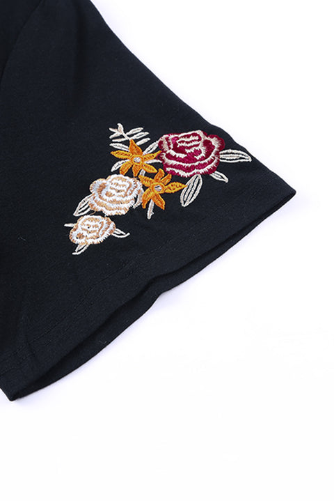 Floral Embroidered Round Neck Short Sleeve T Shirt