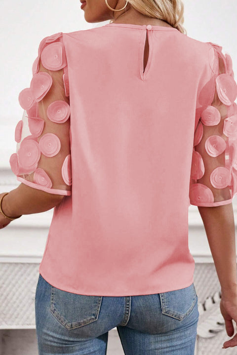 Dusty Pink Contrast Applique Mesh Half Sleeve Blouse