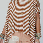 Khaki Stripe Batwing Sleeve Crewneck Oversized Top