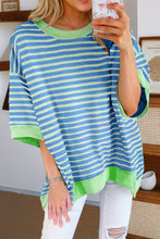 Sky Blue Stripe Oversized Contrast Trim Exposed Seam High Low T Shirt