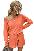 Orange Ribbed Drawstring Waist Long Sleeve Romper