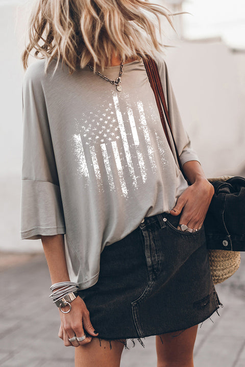 Gray American Flag Print Loose Fit 3/4 Sleeve Top