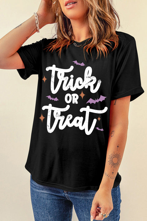 Black Trick Or Treat Bat Print Crew Neck Halloween T Shirt